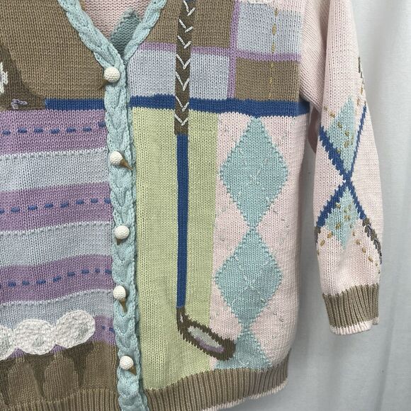 Storybook Knits Women's Cardigan Sweater Golf Novelty Argyle Button Colorful 1X - Picture 2 of 5